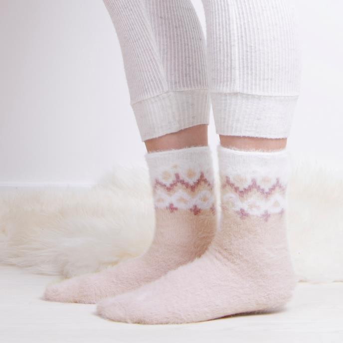 totes toasties® Ladies Fair Isle & Chenille Supersoft Bed Socks (Twin Pack) Fairisle / Dusky Pink Extra Image 3